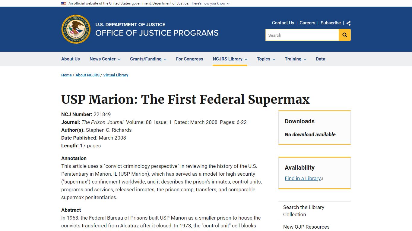 USP Marion: The First Federal Supermax - Office of Justice Programs